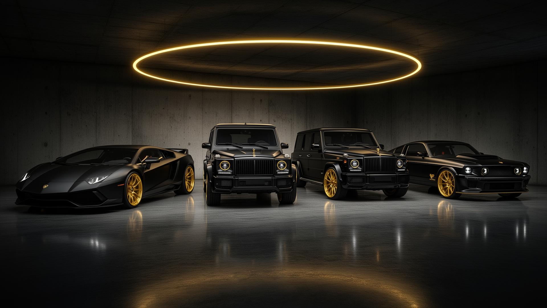 Matched matte black and gold fleet of four collector cars