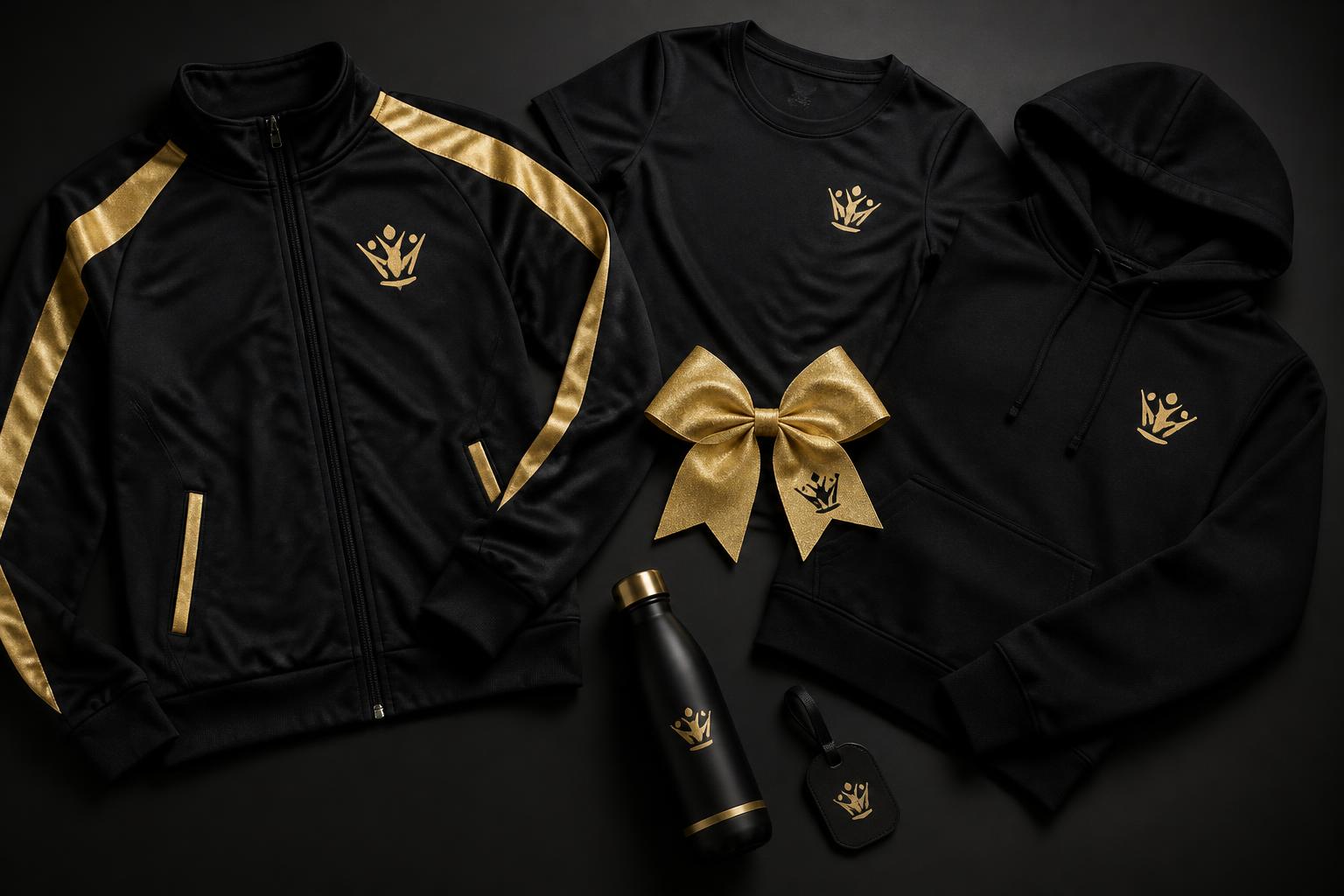 HOA cheer gear set: warm-up jacket, practice tee, hoodie, bow, bag tag and bottle