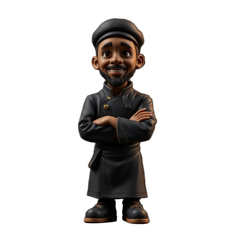 Chef Mo, HOA studio guide clay figure, arms crossed