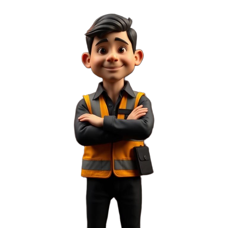 Hector, HOA studio guide clay figure, arms crossed