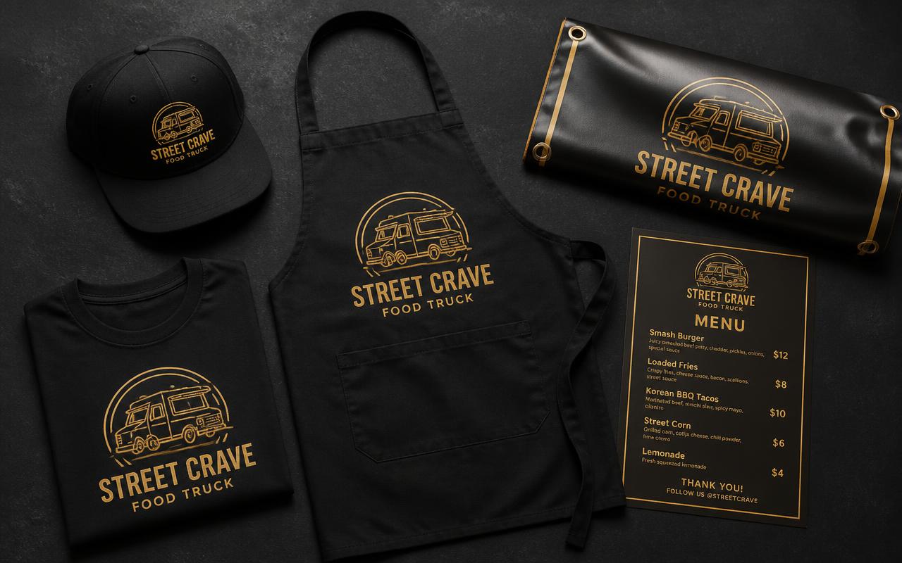 Food truck crew swag: apron, cap, tee, banner and menu card